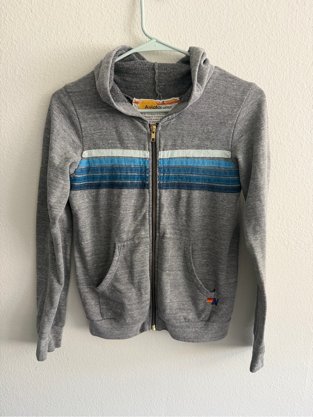 Aviator Nation Unisex Kids Size 14 Gray Zip 5 Stripe Hoodie Sweater Heather Grey
